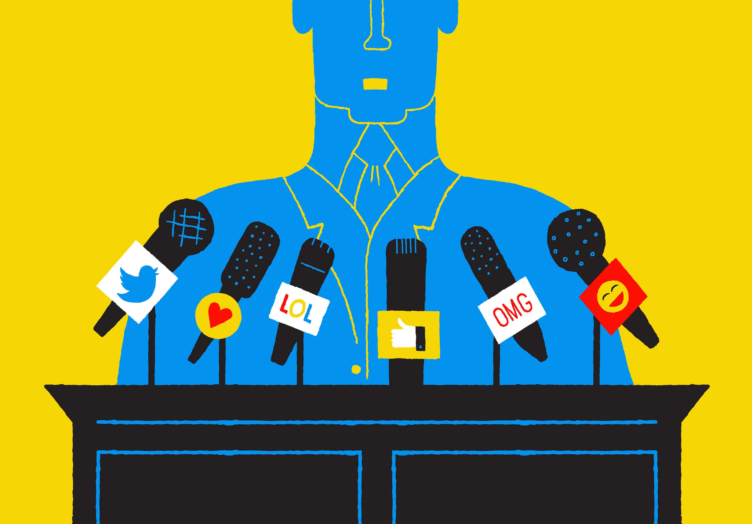 Illustration a man at a podium in front of six microphones with a social media logo or a social media response attached to each mic.
