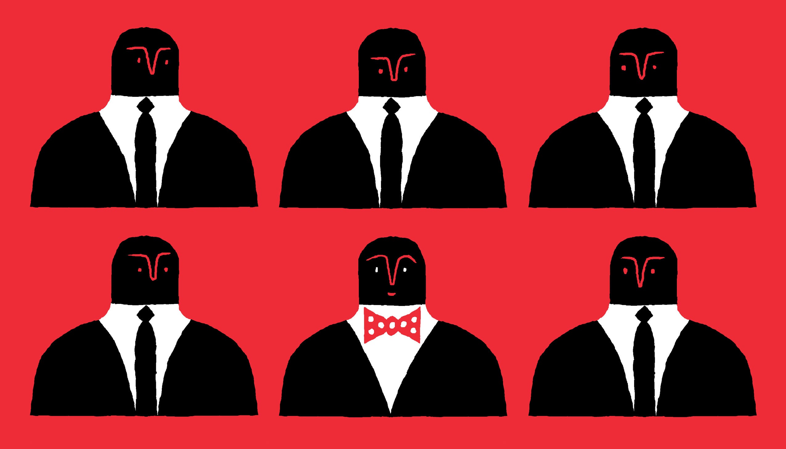 Illustration of two rows of three people in suits, one person in the middle of the second row with a bowtie
