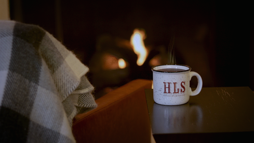 HLS mug in front of a fire