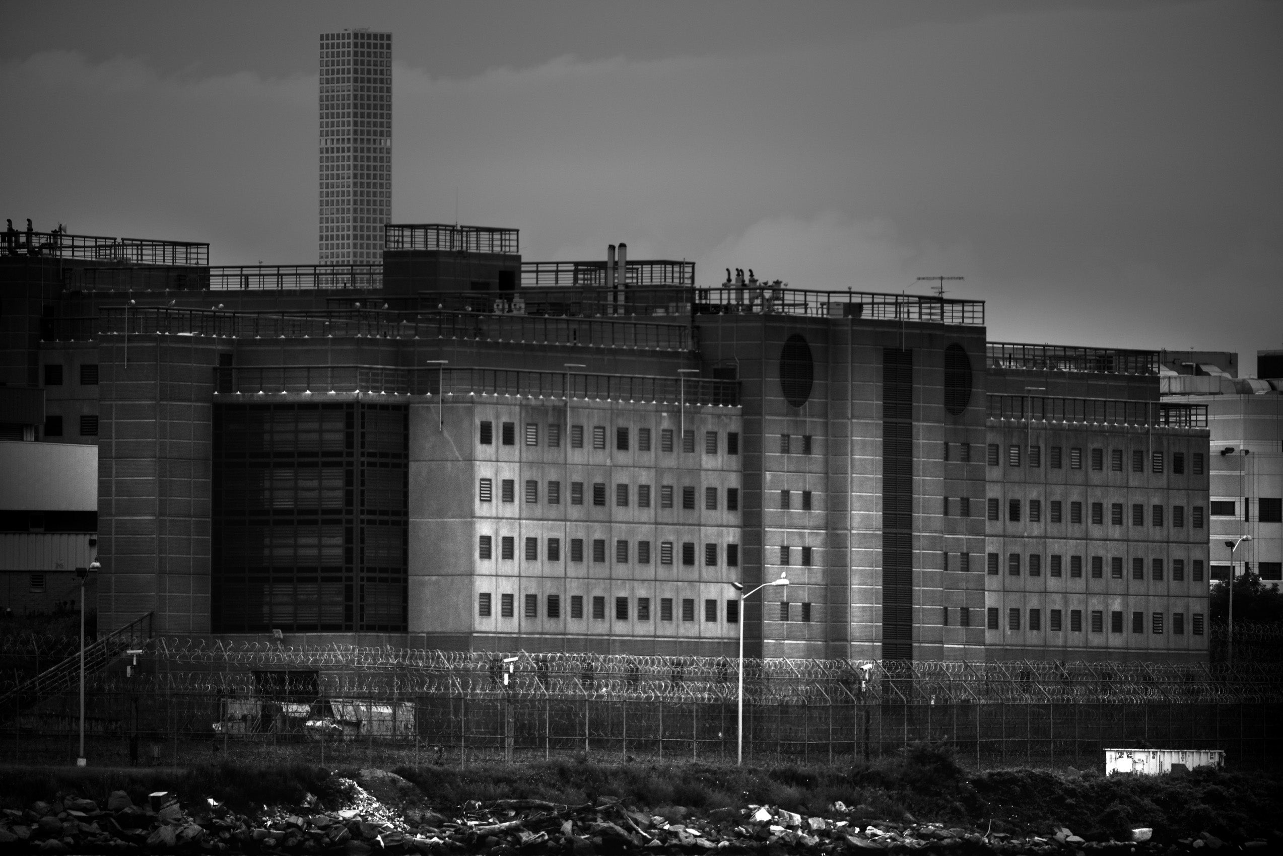 black and white image of a large prison