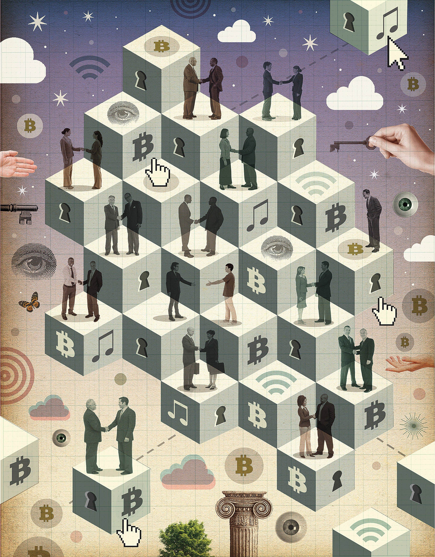 Illustration of people standing on floating cubes