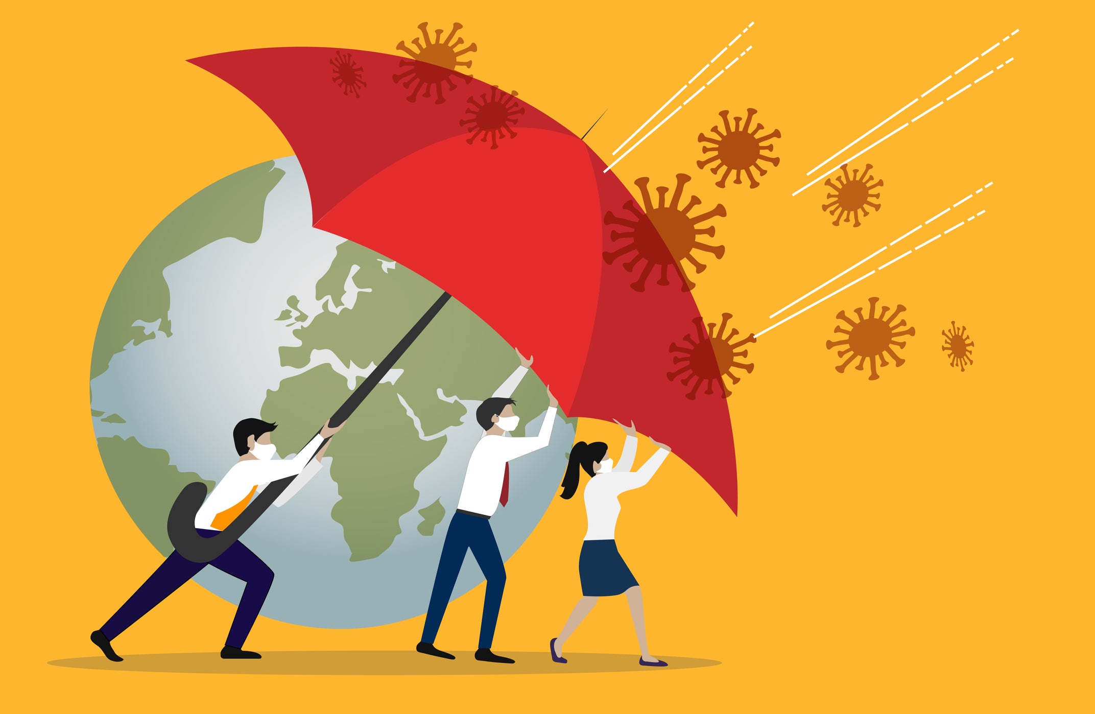Illustration of three business people wearing face masks and using a giant umbrella to shield themselves and a giant earth from a rain of viruses.