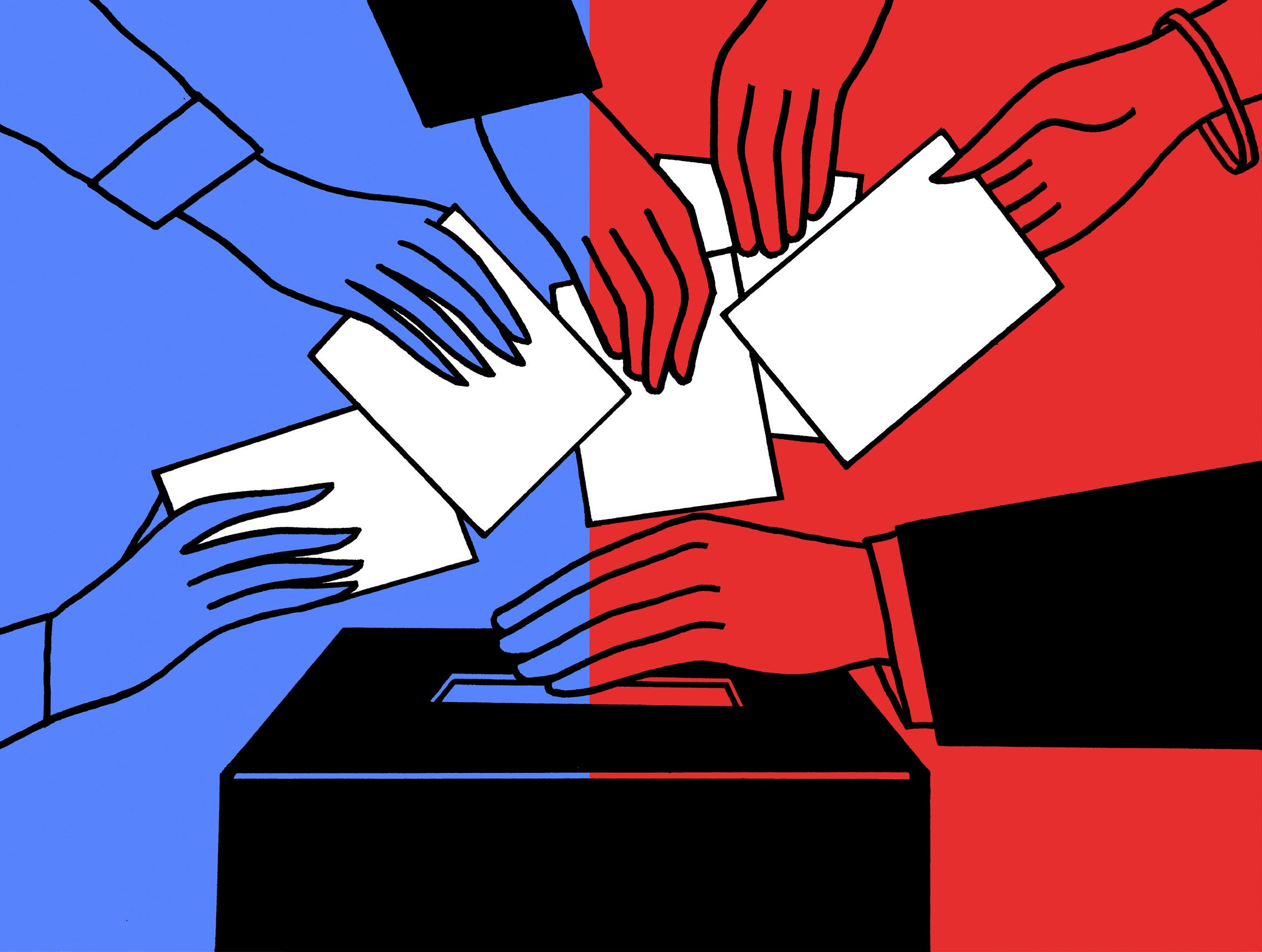 Red and blue colored hands holding ballots ready to drop in a black ballot box at the center of the illustration.